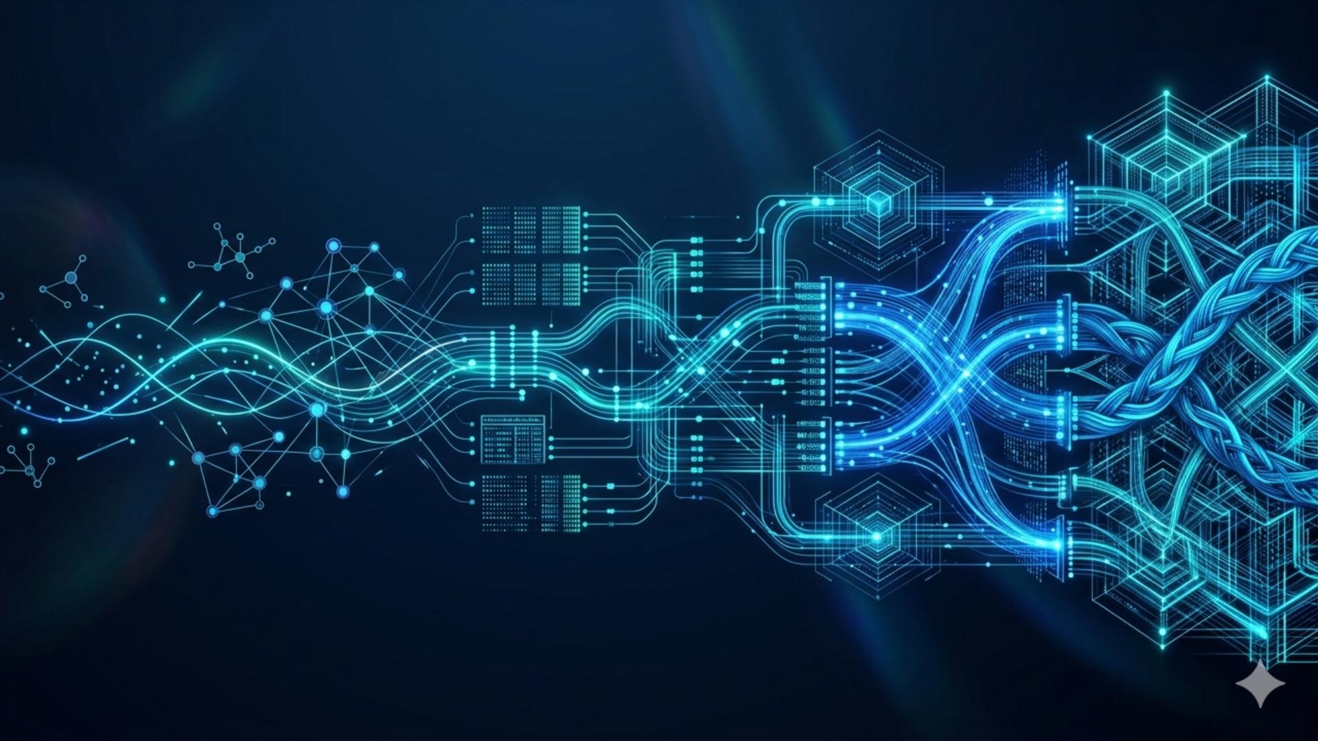 Abstract data flow illustrating the progression from basic monitoring to advanced, structured cybersecurity protection