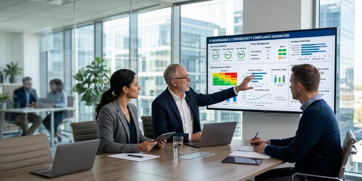Compliance as a Service governance dashboard being reviewed by IT leaders during a cybersecurity compliance meeting