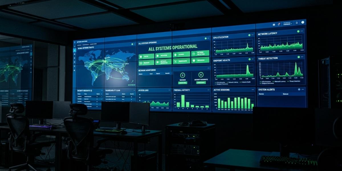 SOC monitoring dashboard showing all systems operational status with no alerts, illustrating a false sense of cybersecurity security