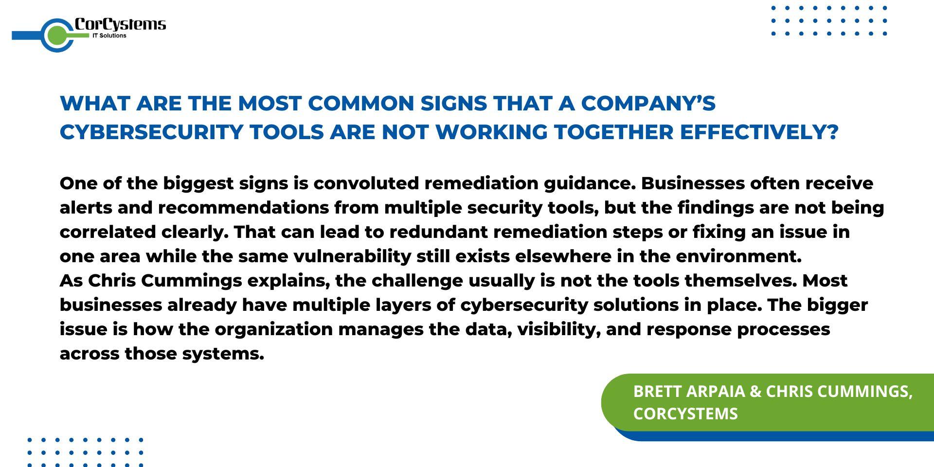 CorCystems Q&A discussing the warning signs of disconnected cybersecurity tools, including fragmented visibility, alert fatigue, and uncoordinated response processes.