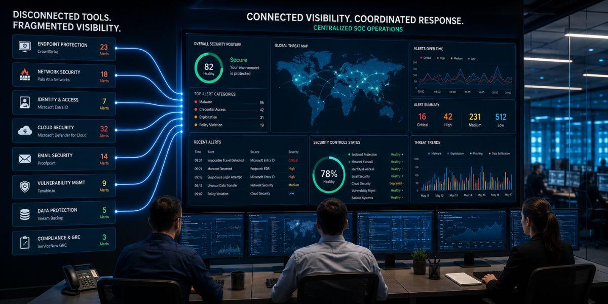 SOC monitoring dashboard connecting fragmented cybersecurity tools into a centralized security operations center for coordinated threat detection and response.