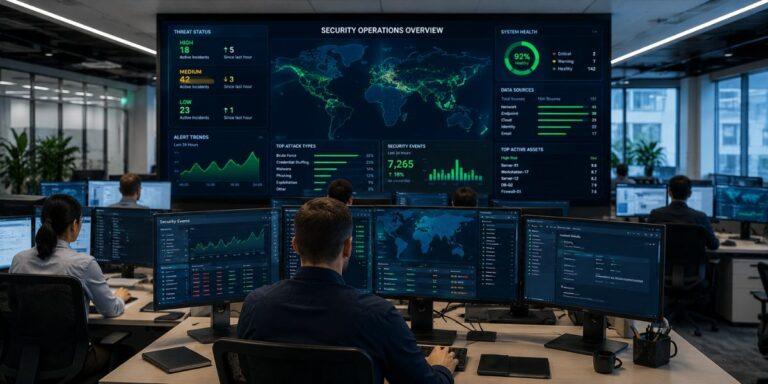 SOC monitoring team using a centralized security operations dashboard to monitor connected cybersecurity systems and real-time threat activity across the enterprise network.