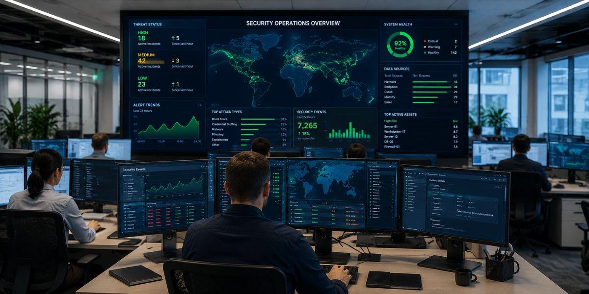 SOC monitoring team using a centralized security operations dashboard to monitor connected cybersecurity systems and real-time threat activity across the enterprise network.