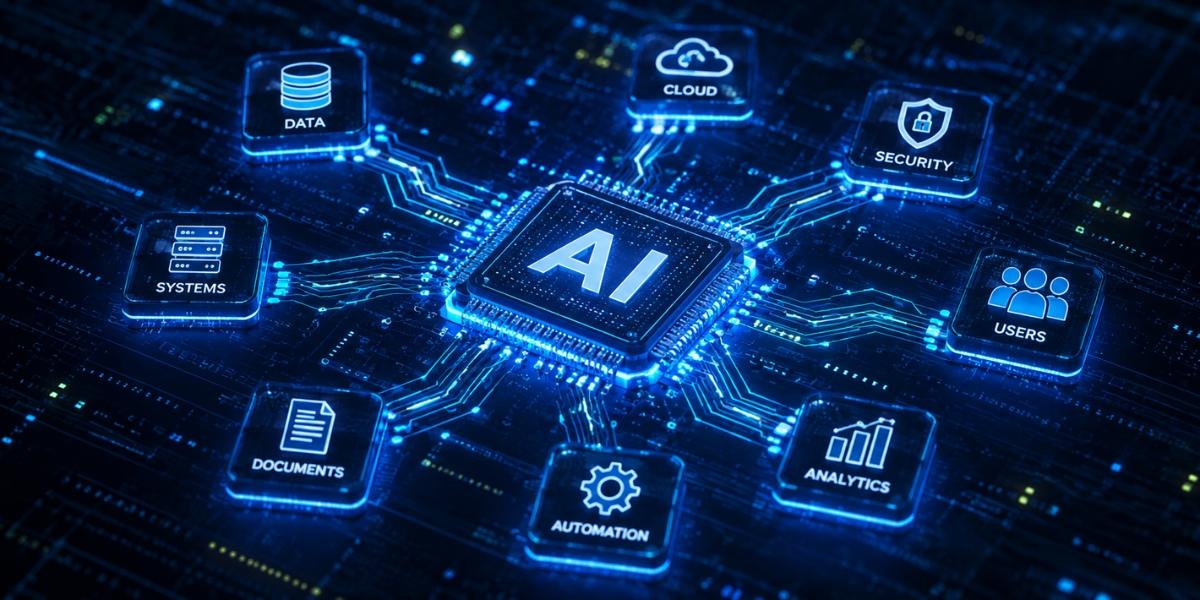 AI Readiness illustration showing AI integrated with business systems, data, security, and analytics.