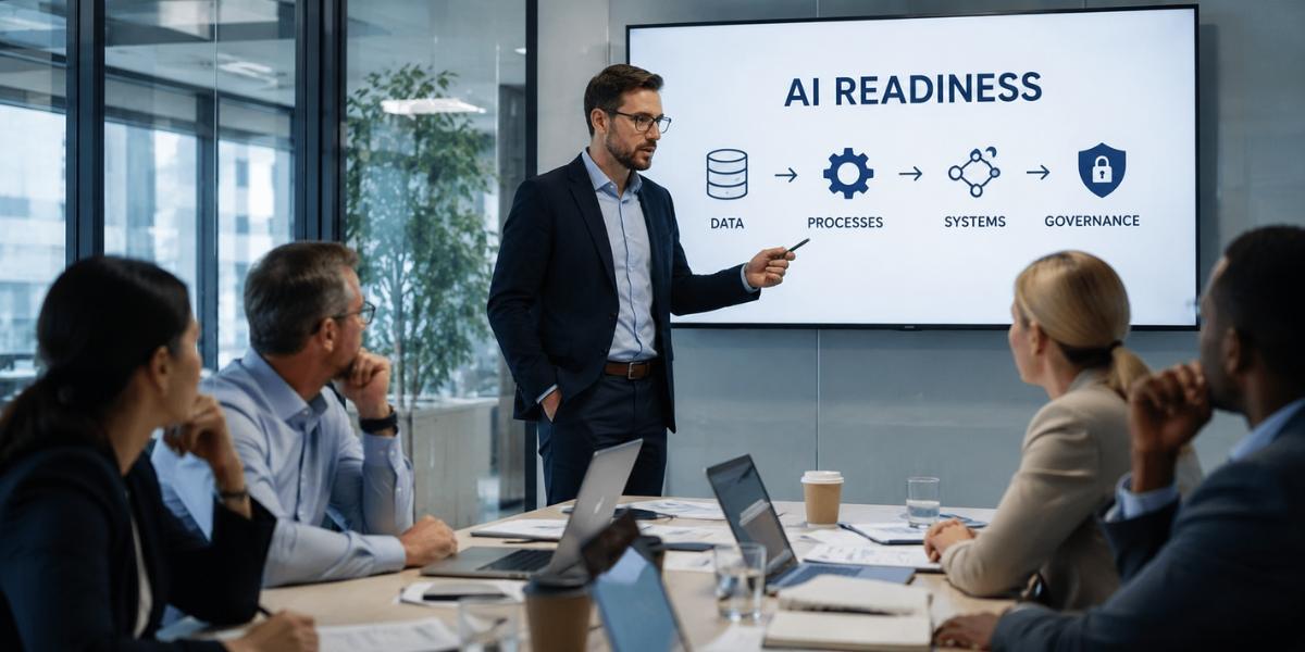 AI readiness meeting with business leaders discussing data, processes, systems, and governance before implementing AI solutions