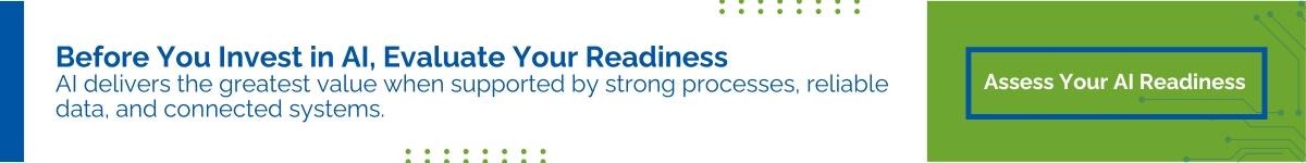 AI Readiness assessment call-to-action encouraging organizations to evaluate processes, data, and systems before investing in AI