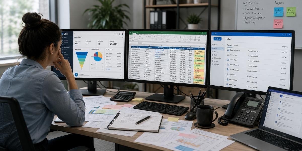 Employee managing customer data across multiple systems, highlighting process inefficiencies that impact AI readiness.