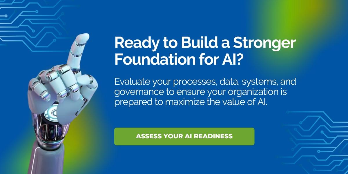 AI Readiness assessment CTA with robotic hand and business technology background.